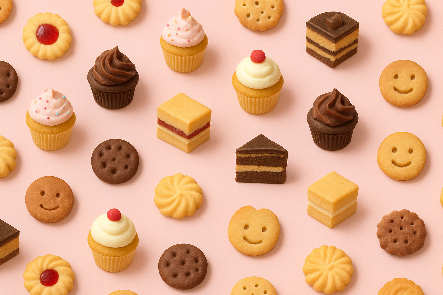 Light pink background with mini assorted cookies, cakes, and cupcakes